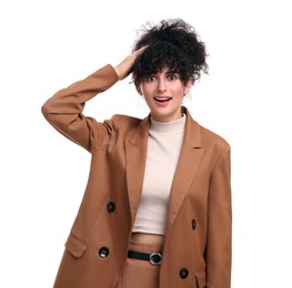 Beautiful emotional businesswoman in suit on white background