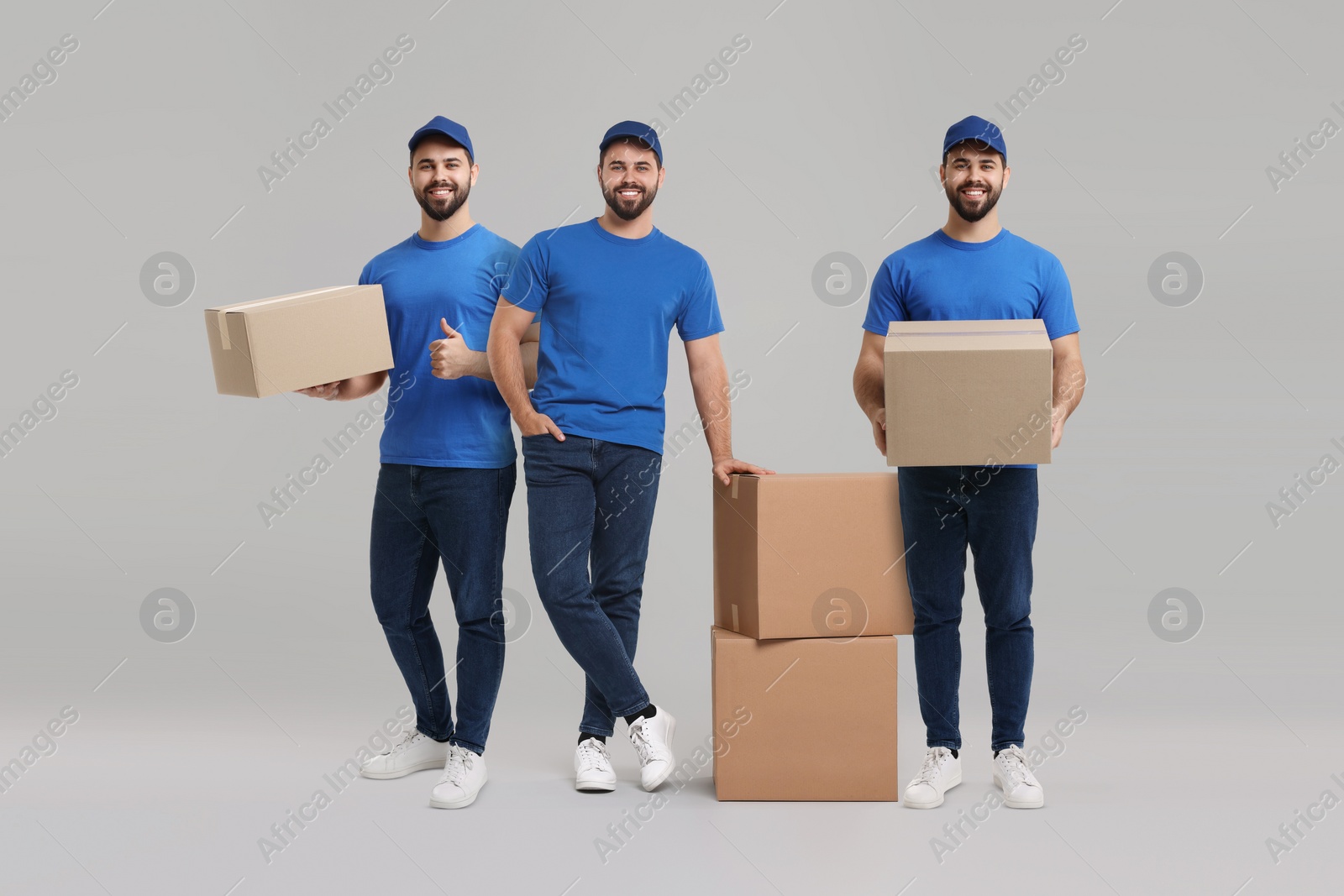 Image of Delivery service. Happy courier with cardboard boxes on light grey background, collage of photos