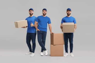 Image of Delivery service. Happy courier with cardboard boxes on light grey background, collage of photos
