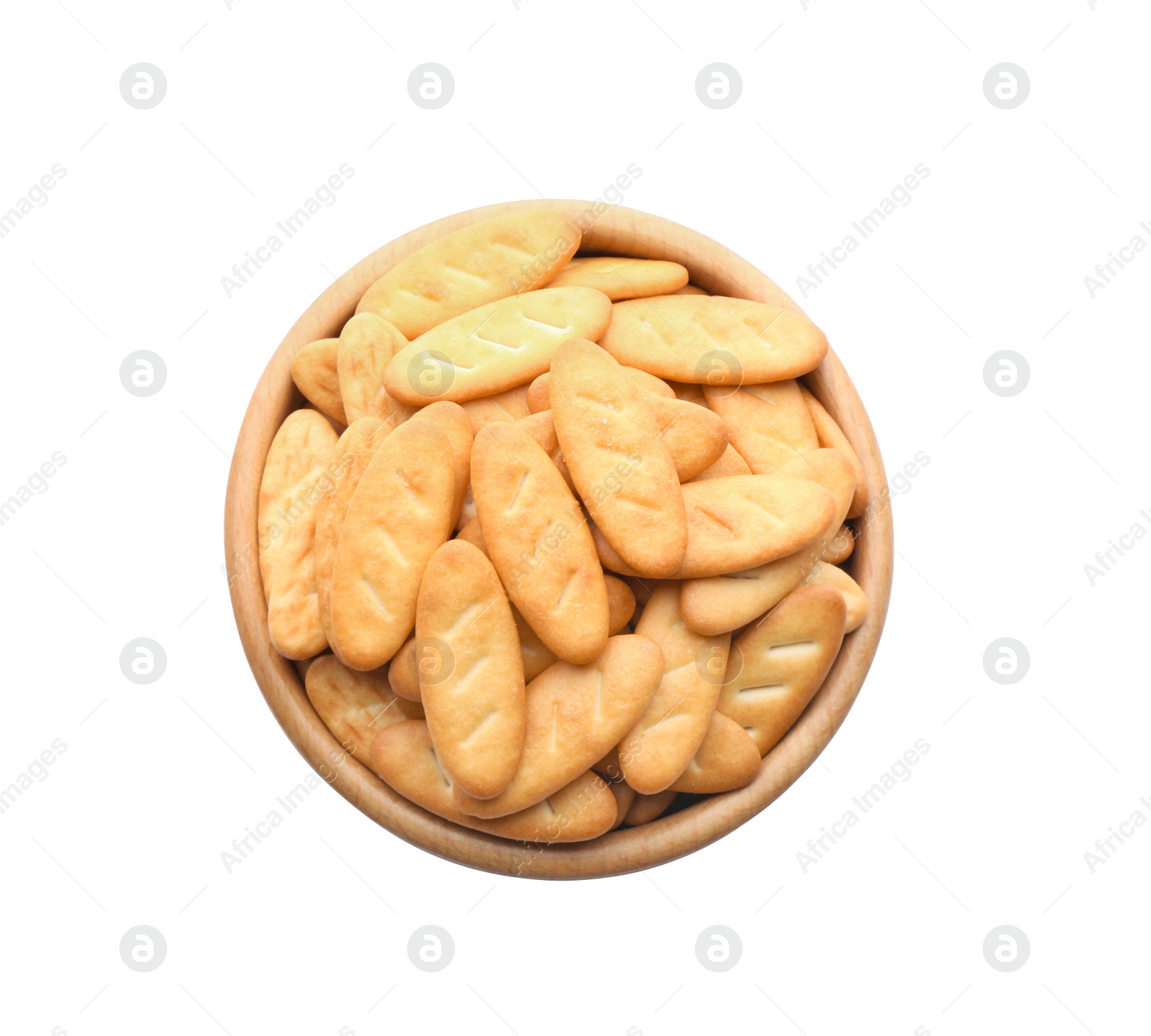 Photo of Delicious crackers in bowl isolated on white, top view