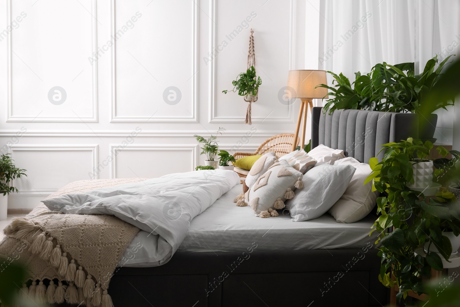 Photo of Large comfortable bed, lamp and beautiful houseplants in bedroom. Interior design