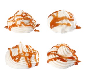 Image of Set of delicious fresh whipped cream with caramel syrup on white background