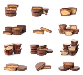 Set with delicious peanut butter cups on white background