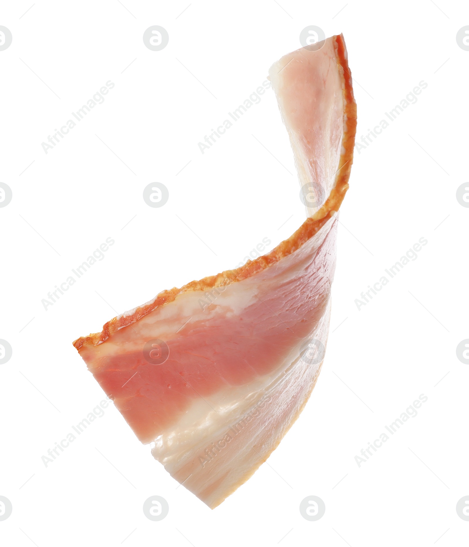 Photo of Cut fresh tasty bacon on white background