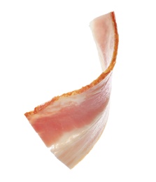 Cut fresh tasty bacon on white background