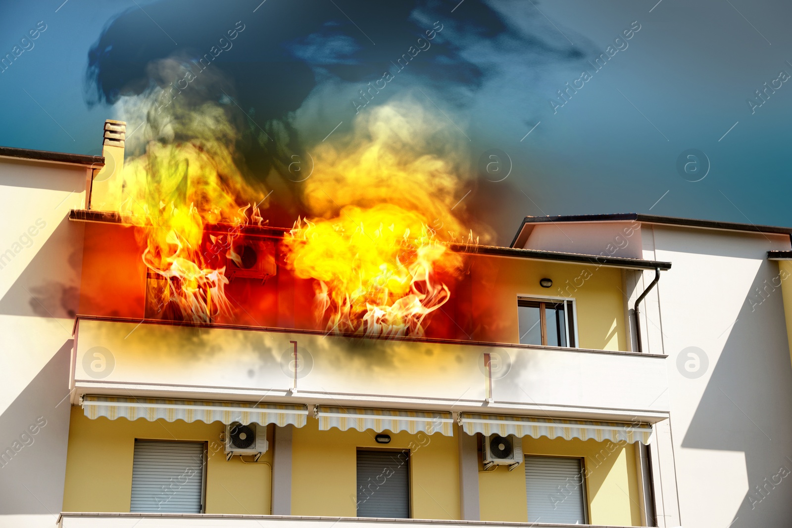 Image of Modern house engulfed in flames. Fire safety violations