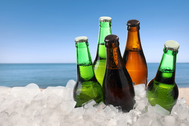 Image of Bottles of beer and ice cubes against blurred sea