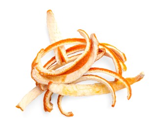 Pile of dry orange peels on white background, top view