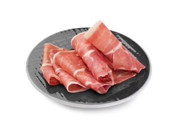 Photo of Plate with rolled slices of delicious jamon isolated on white