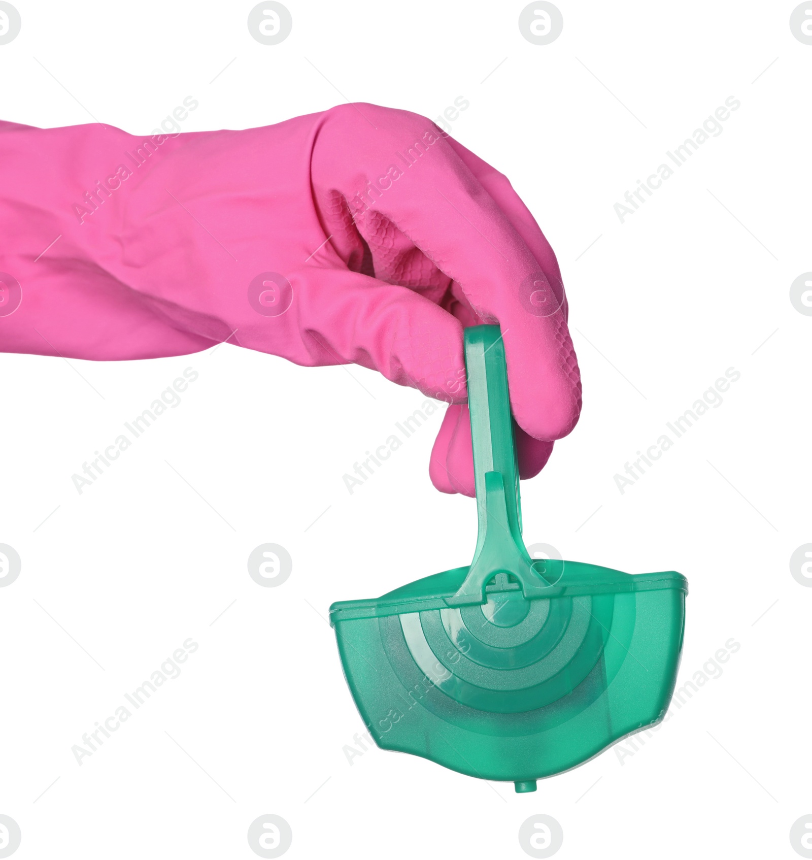 Photo of Woman holding toilet rim block cleaner on white background, closeup