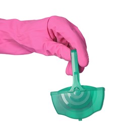 Woman holding toilet rim block cleaner on white background, closeup