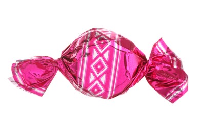 Photo of Candy in bright pink wrapper isolated on white