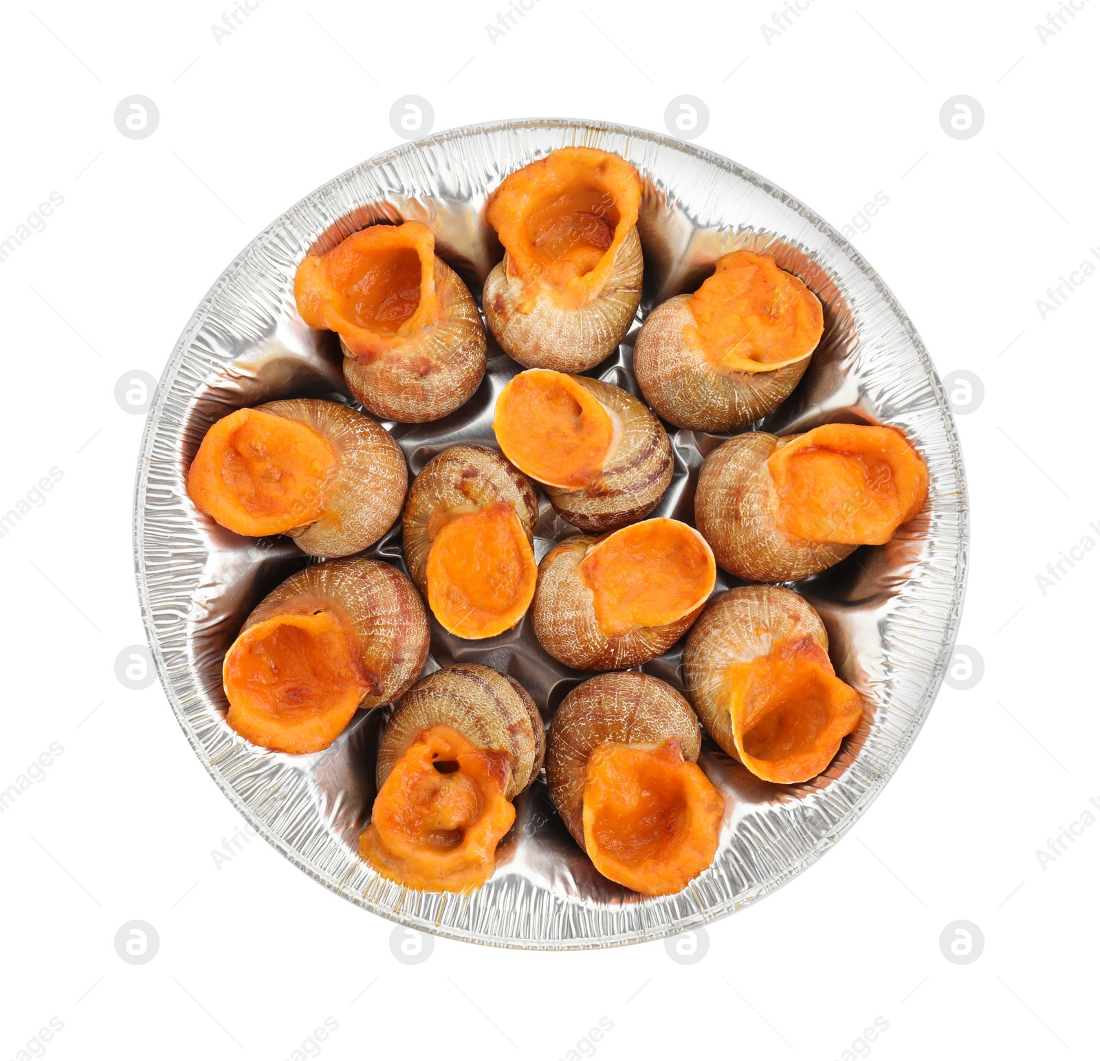 Photo of Delicious cooked snails isolated on white, top view