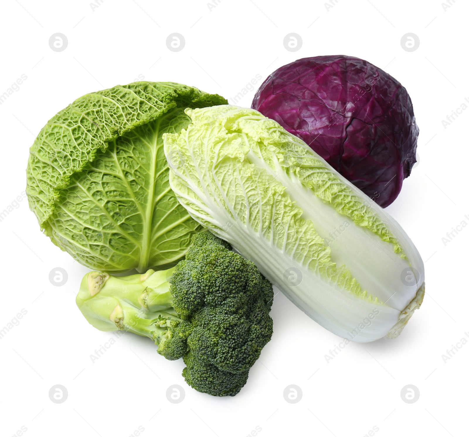 Photo of Many different types of fresh cabbage on white background