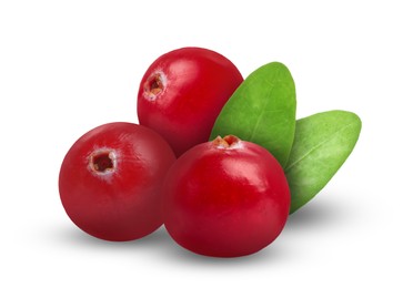 Image of Fresh ripe cranberries with leaves isolated on white