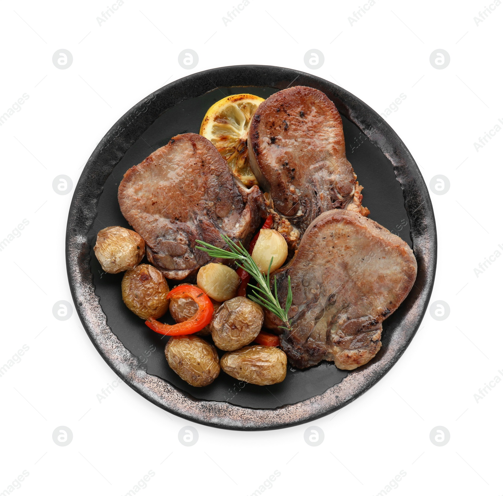 Photo of Tasty beef tongue pieces, rosemary, lemon and potatoes isolated on white, top view