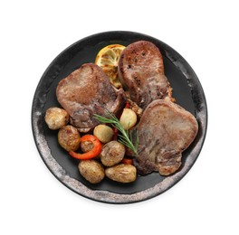 Photo of Tasty beef tongue pieces, rosemary, lemon and potatoes isolated on white, top view