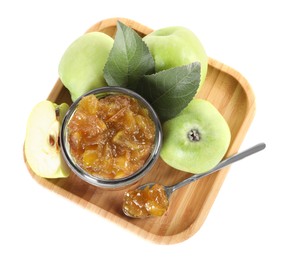 Photo of Glass jar of delicious apple jam and fresh fruits isolated on white, top view