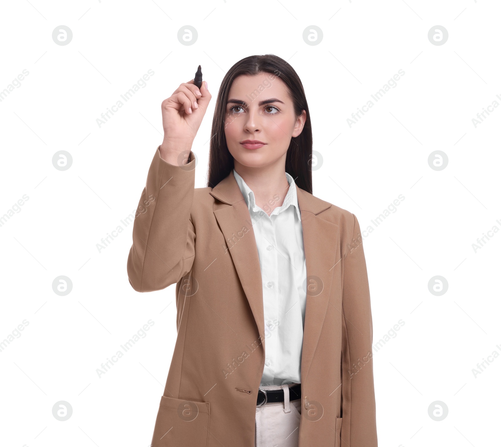 Photo of Beautiful businesswoman with marker on white background