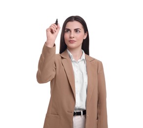 Photo of Beautiful businesswoman with marker on white background