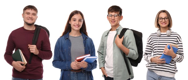 Group of happy students on white background