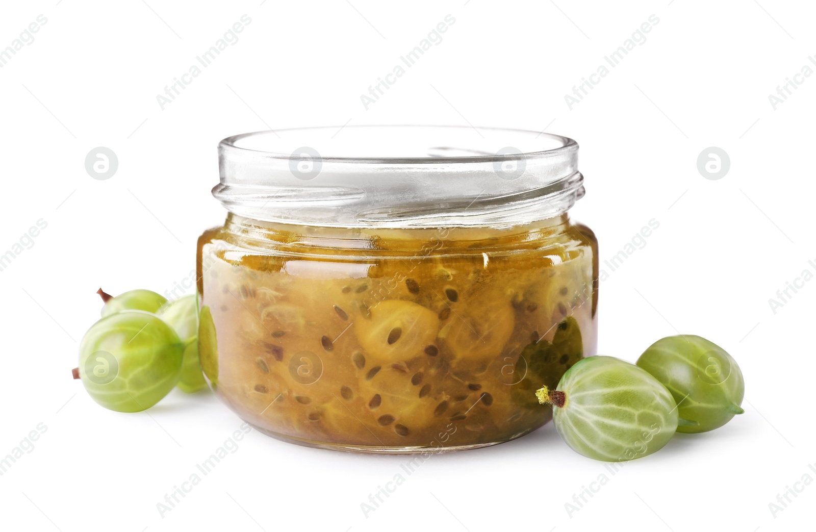 Photo of Jar of delicious gooseberry jam and fresh berries on white background