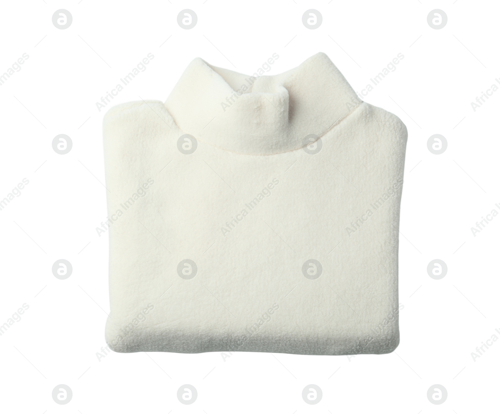 Photo of Folded fleece turtleneck pullover isolated on white, top view