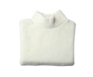 Photo of Folded fleece turtleneck pullover isolated on white, top view