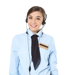 Photo of Female receptionist with headset on white background