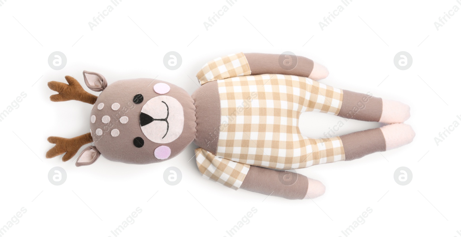 Photo of Cute soft toy reindeer isolated on white