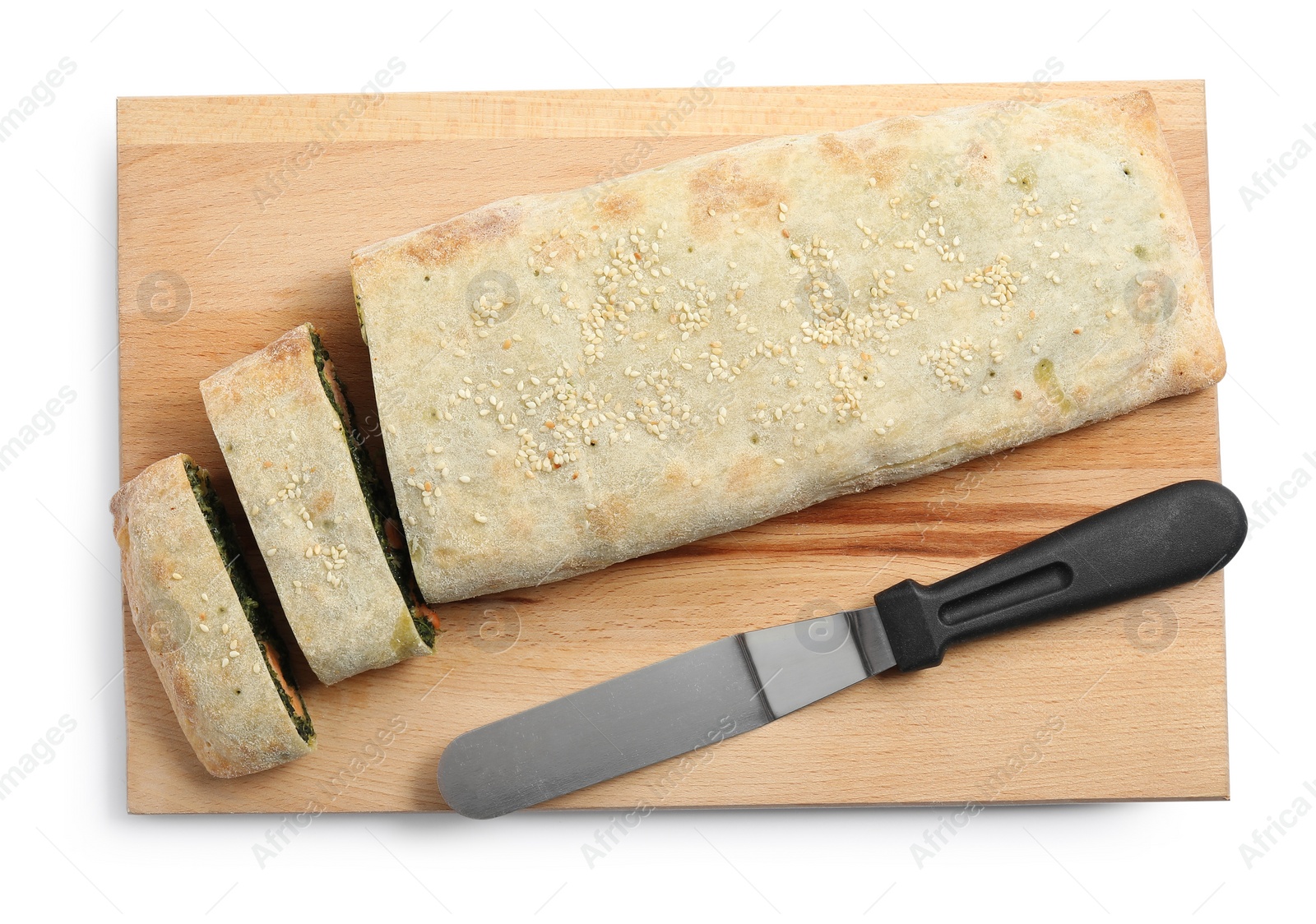 Photo of Delicious strudel with tasty filling and knife isolated on white, top view