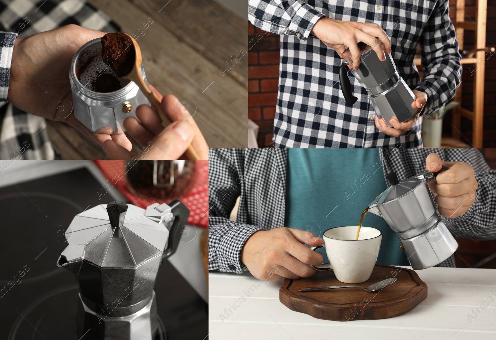 Image of Making coffee with moka pot step-by-step. Collage with photos