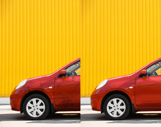 Image of Modern red automobile before and after washing outdoors 