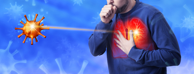 Respiratory virus affecting man on blue background