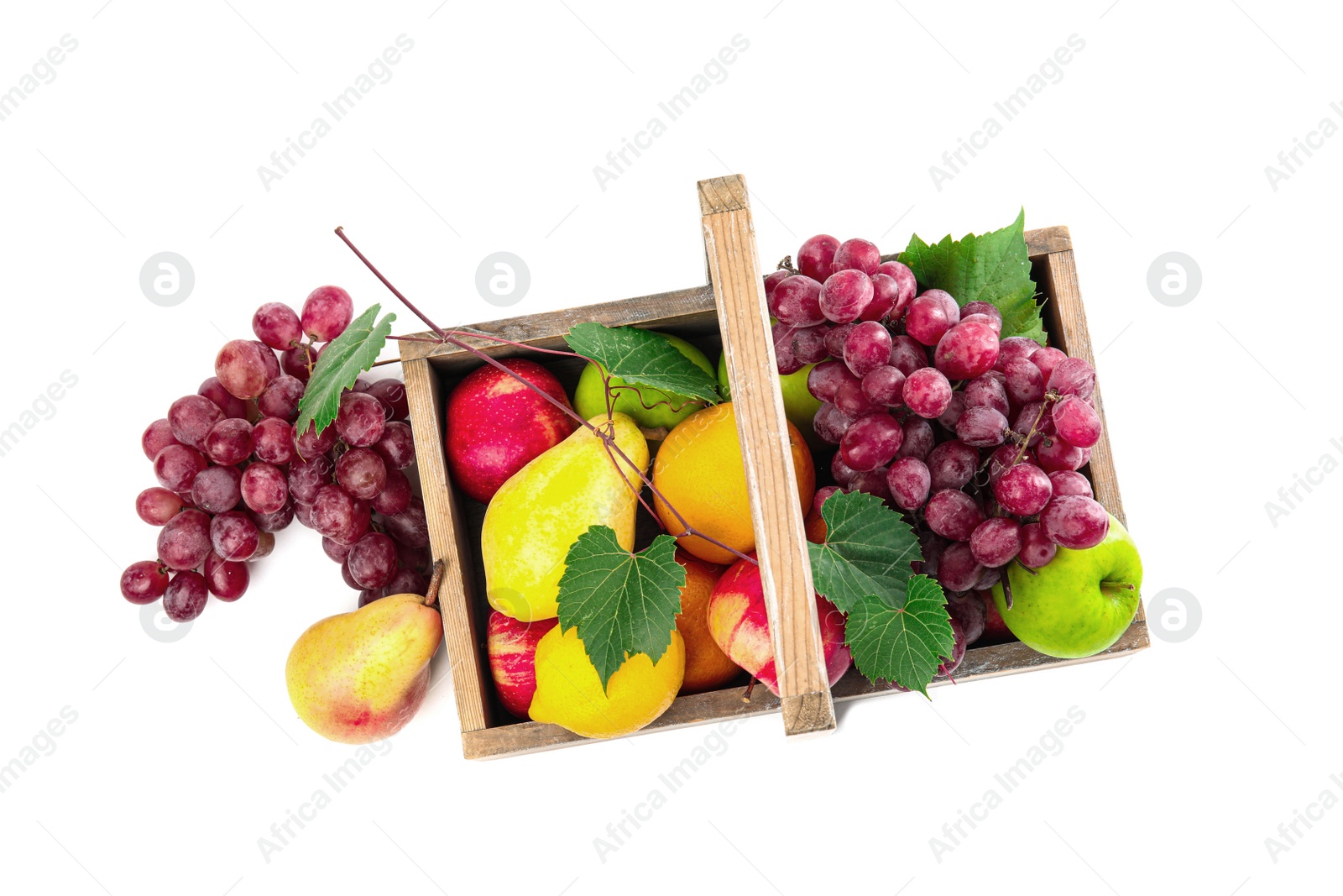 Photo of Crate with different fruits on white background, top view