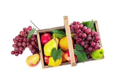 Crate with different fruits on white background, top view