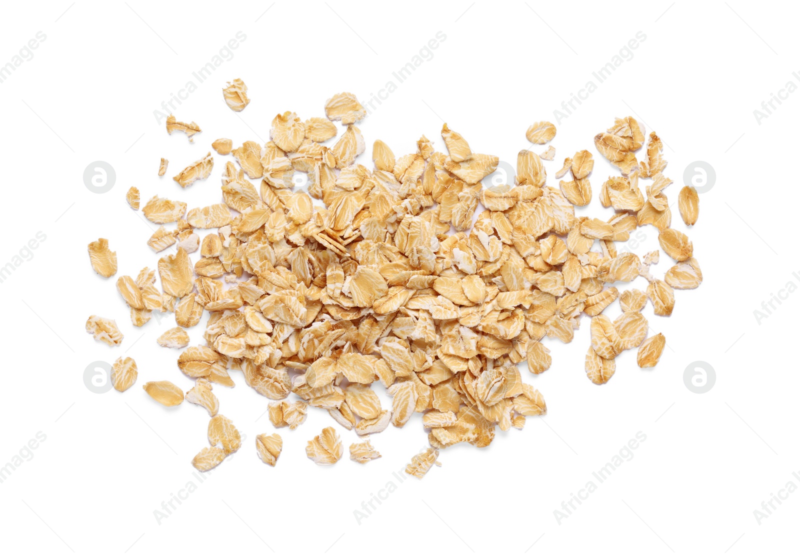Photo of Pile of rolled oats isolated on white, top view