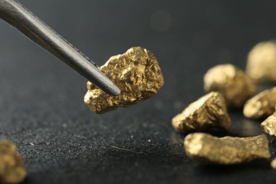 Tweezer with shiny gold nugget over grey surface, closeup