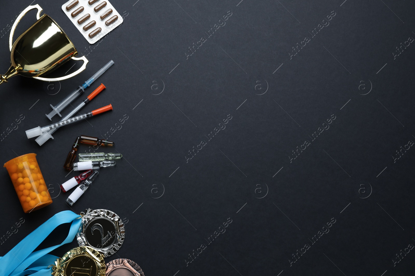 Photo of Flat lay composition with drugs on black background, space for text. Doping control