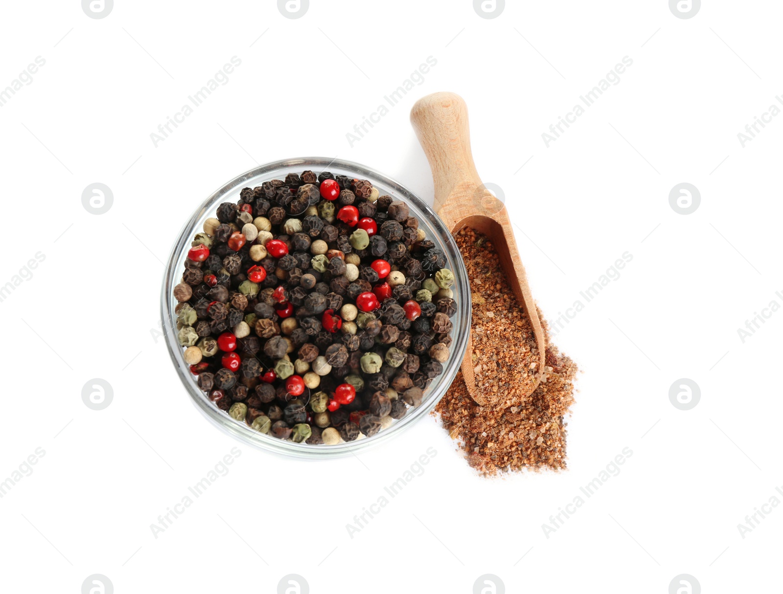 Photo of Ground pepper and corns isolated on white, top view