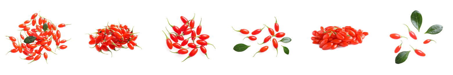 Image of Set of fresh goji berries on white background. Banner design