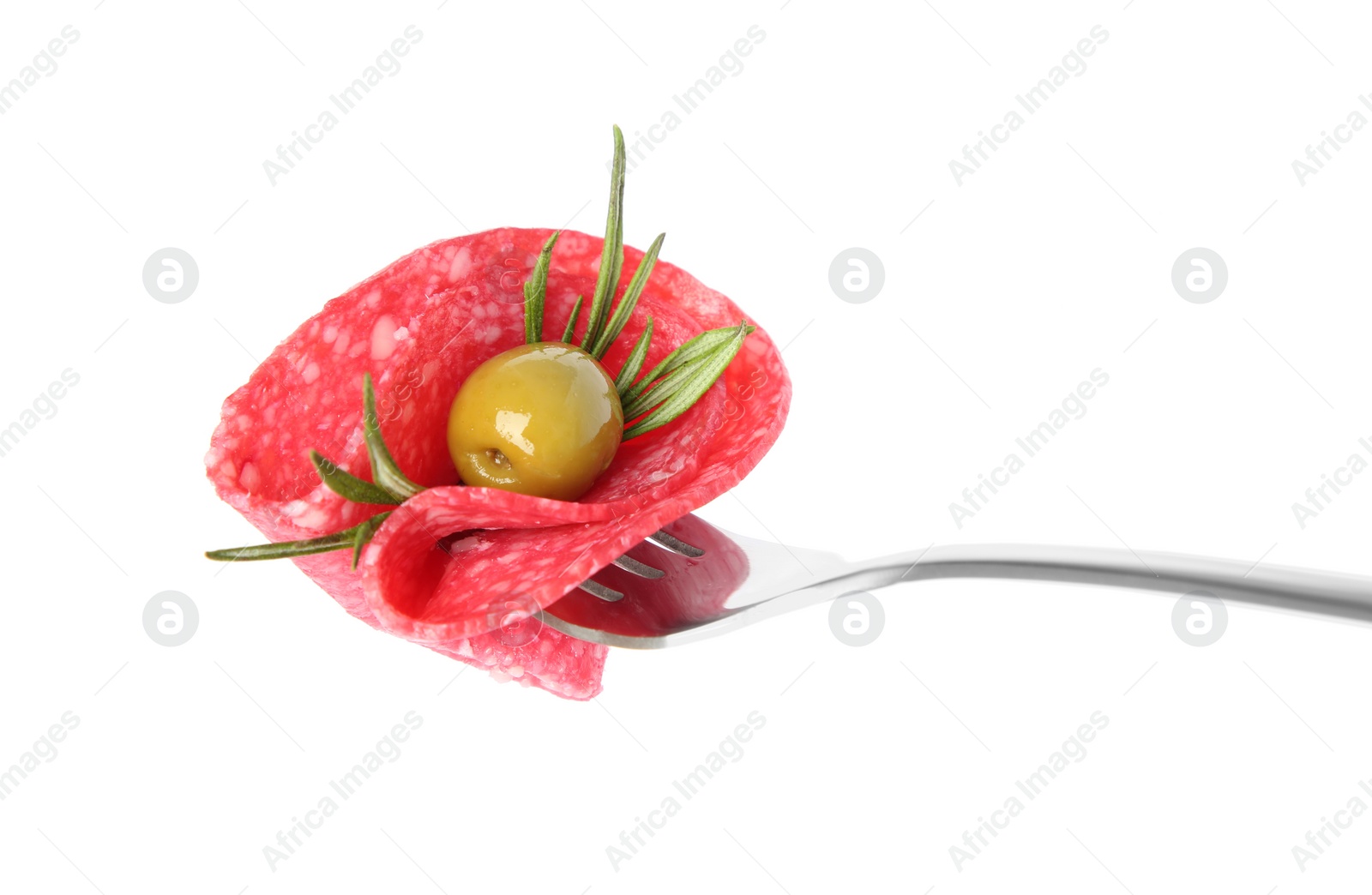 Photo of Fork with tasty slice of salami, olive and rosemary isolated on white