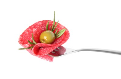 Photo of Fork with tasty slice of salami, olive and rosemary isolated on white