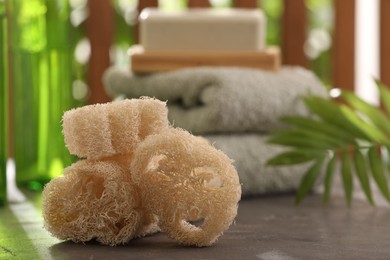 Natural loofah sponges on grey textured table