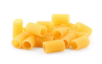 Photo of Pile of raw rigatoni pasta isolated on white