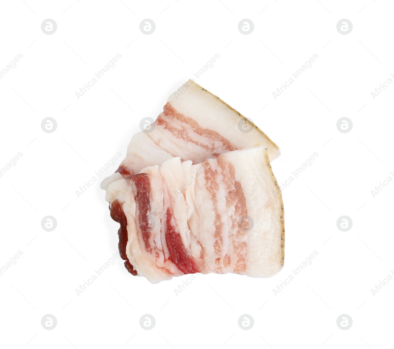 Photo of Slices of bacon isolated on white, top view