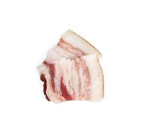 Photo of Slices of bacon isolated on white, top view