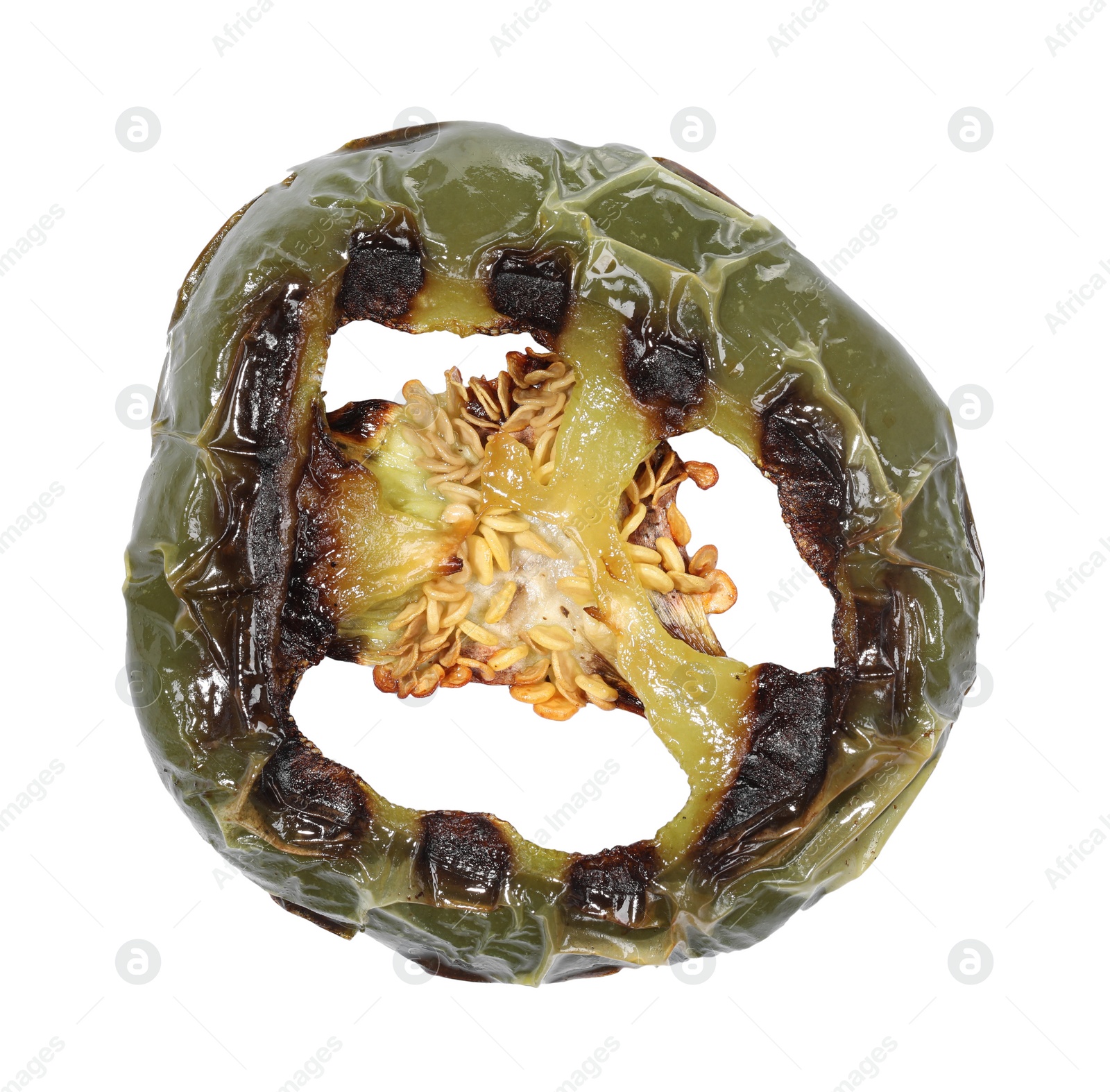 Photo of Slice of grilled green chili pepper isolated on white, top view