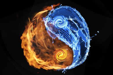 Image of Fire flames and water resembling Yin Yang symbol on black background. Feng Shui philosophy