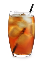 Glass of refreshing iced tea on white background